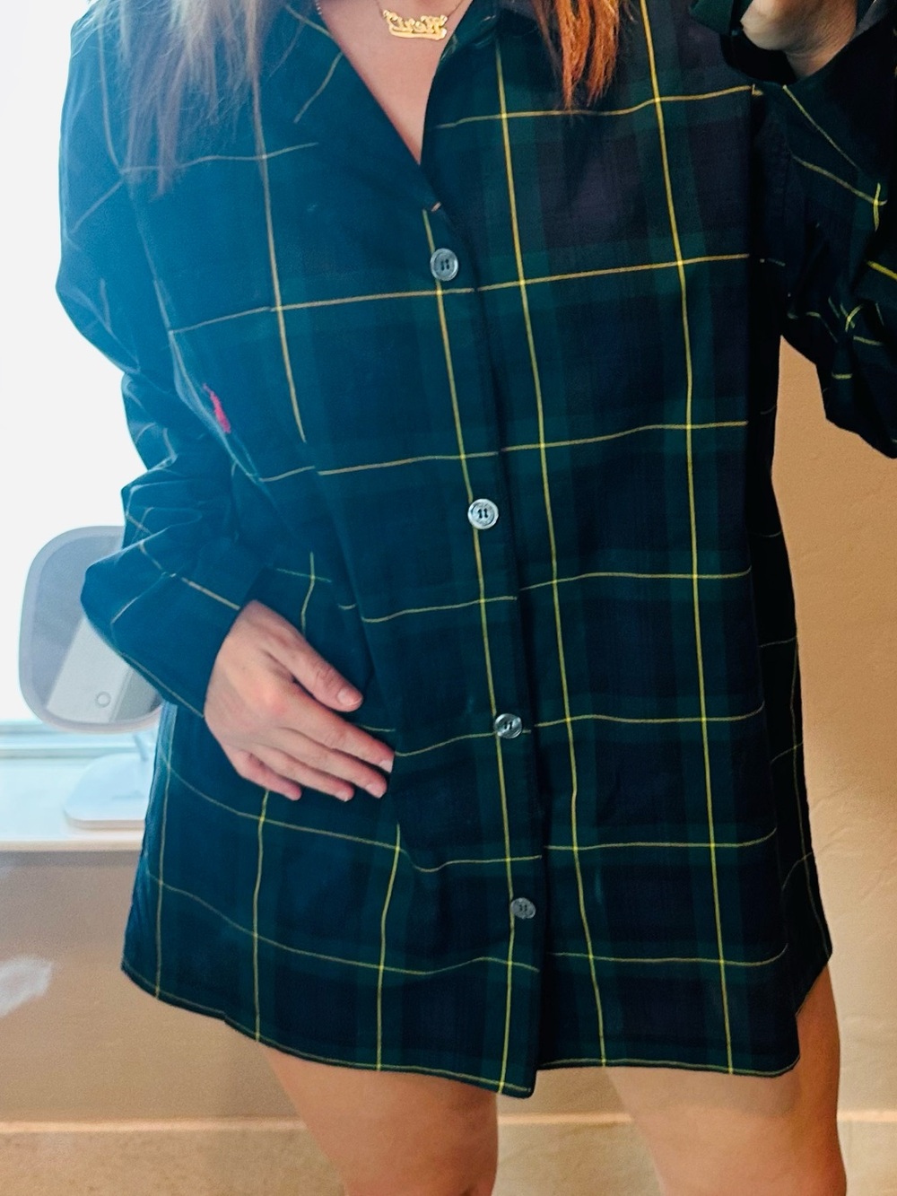 NWT Ralph Lauren Men’s Navy Green Plaid Button Cotton Pajama Shirt Large